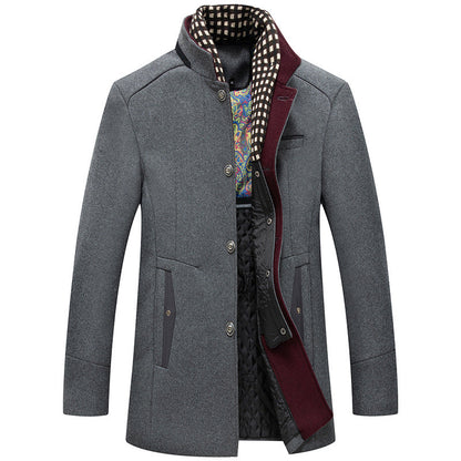 Men's Thick Warm Stand Collar Wool Coat With Detachable Scarf