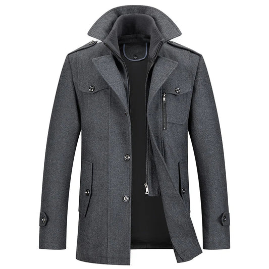 Men's Winter Thick Double-Layer Collar Wool Blend Coat
