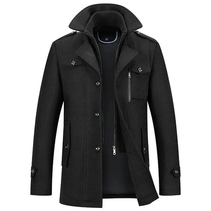 Men's Classic Warm Double-Layer Collar Wool Blend Coat