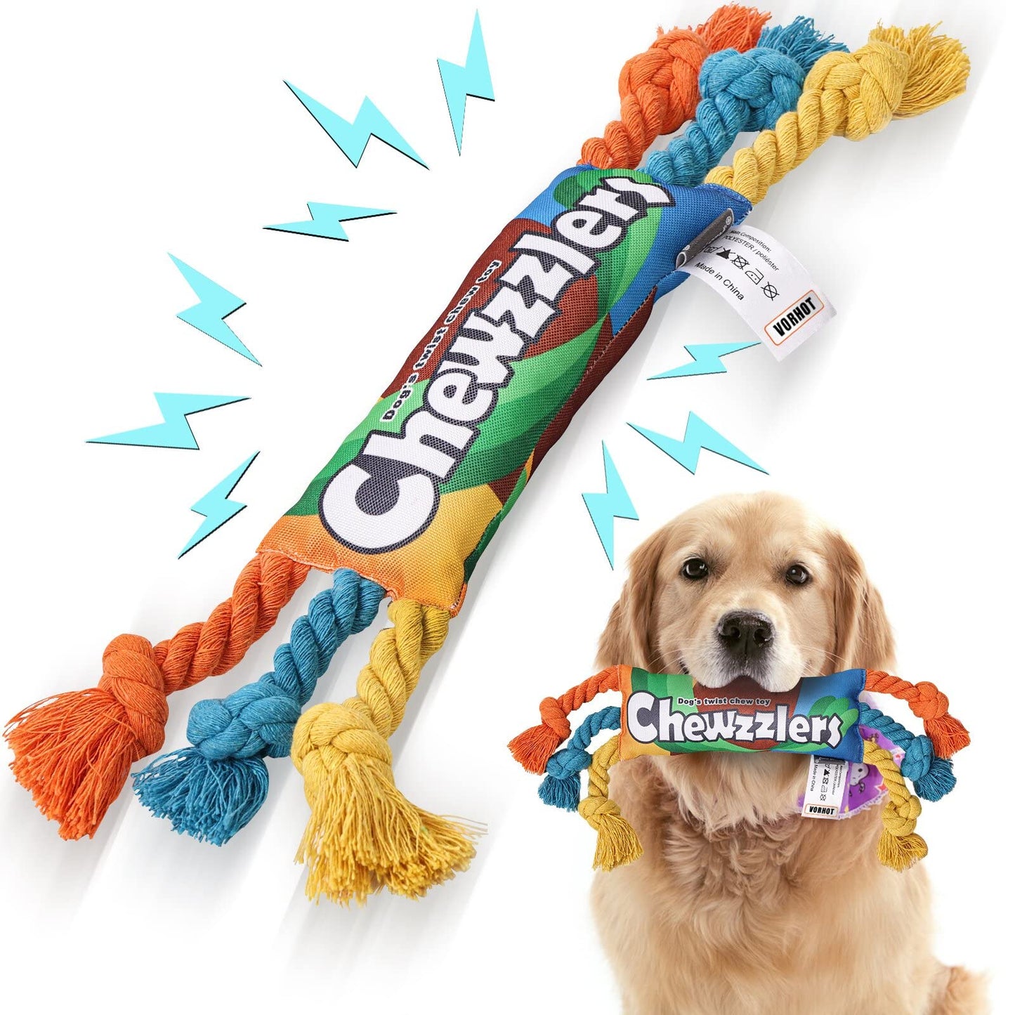 Dog Chew Toy Squeaky Rainbow Candy-Shaped Interactive Rope Toy
