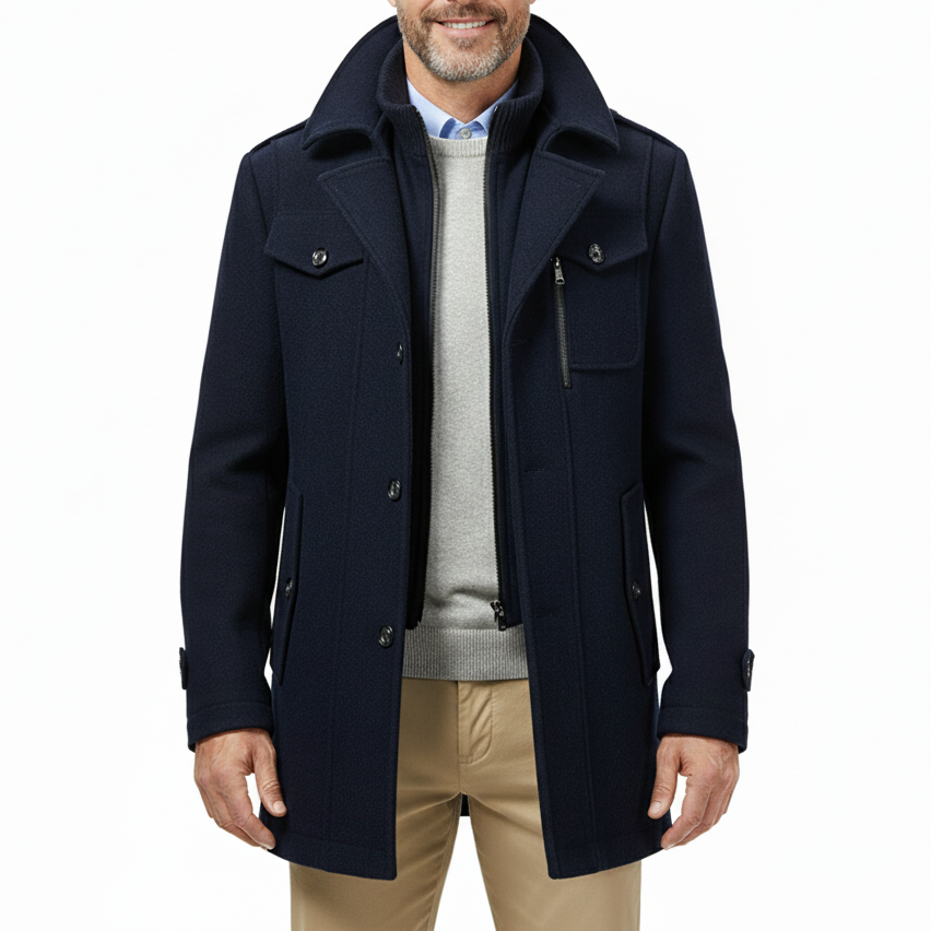 Men's Classic Warm Double-Layer Collar Wool Blend Coat