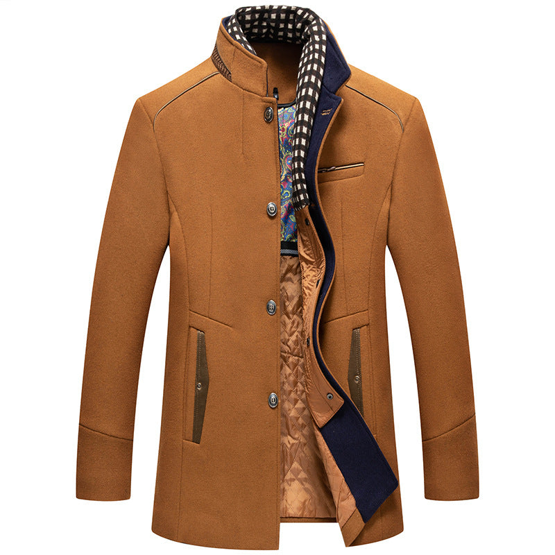 Men's Thick Warm Stand Collar Wool Coat With Detachable Scarf