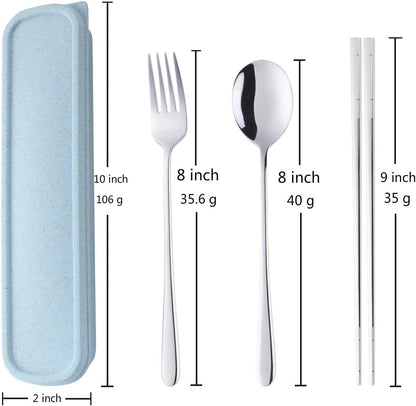 Travel Utensils, 18/8 Stainless Steel 3pcs Cutlery Set Portable Camp Reusable Flatware Silverware, Include Fork Spoon Chopsticks with Case