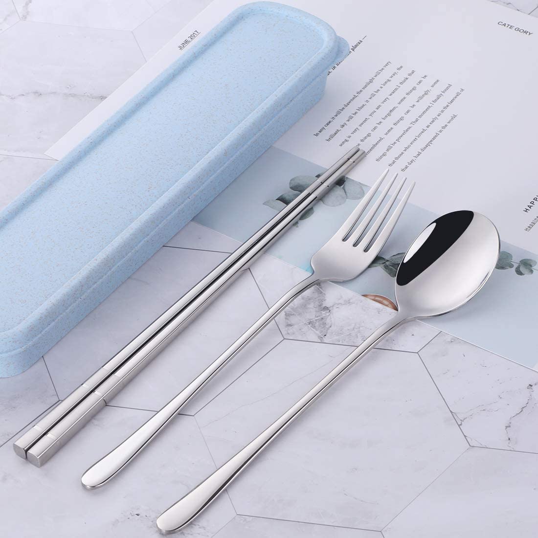 Travel Utensils, 18/8 Stainless Steel 3pcs Cutlery Set Portable Camp Reusable Flatware Silverware, Include Fork Spoon Chopsticks with Case