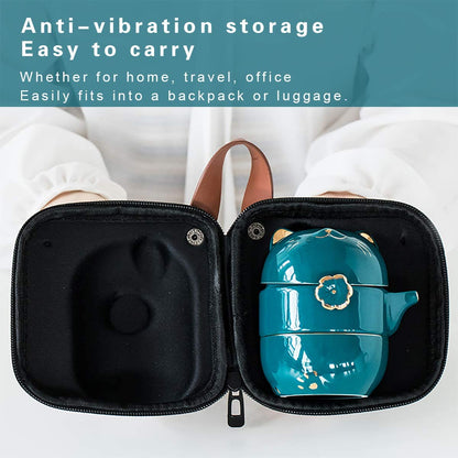 Portable Ceramic Tea Cup Set: Lucky Cat Porcelain Teapot Set with Tea Strainer - Lids and 1 Shockproof Storage Case