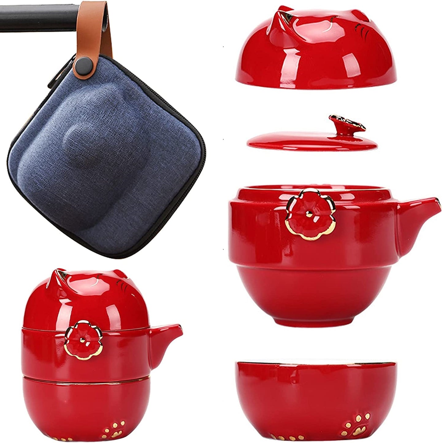 Portable Ceramic Tea Cup Set: Lucky Cat Porcelain Teapot Set with Tea Strainer - Lids and 1 Shockproof Storage Case