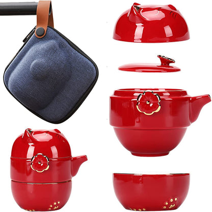 Portable Ceramic Tea Cup Set: Lucky Cat Porcelain Teapot Set with Tea Strainer - Lids and 1 Shockproof Storage Case