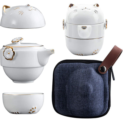 Portable Ceramic Tea Cup Set: Lucky Cat Porcelain Teapot Set with Tea Strainer - Lids and 1 Shockproof Storage Case