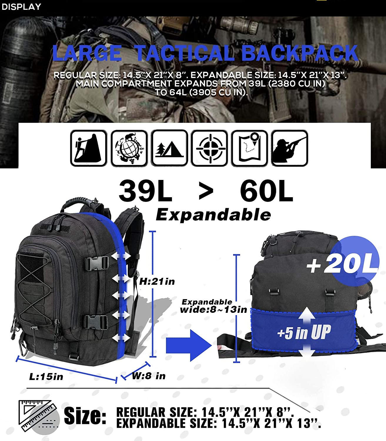 Large Capacity Military Tactical Hiking Expandable 39L-60L Backpack
