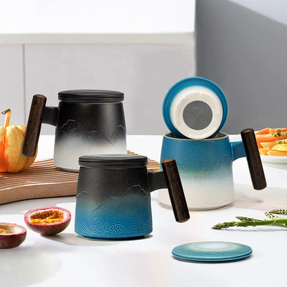 Ceramic Tea Cup with Infuser and Lid Tea Mugs Wooden Handle for Steeping Loose Leaf Tea 400ml, 13.5 oz